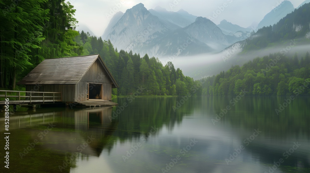 Obraz premium Serene lakeside scene with a wooden cabin on stilts, surrounded by lush green forest and misty mountains, reflecting on the calm water