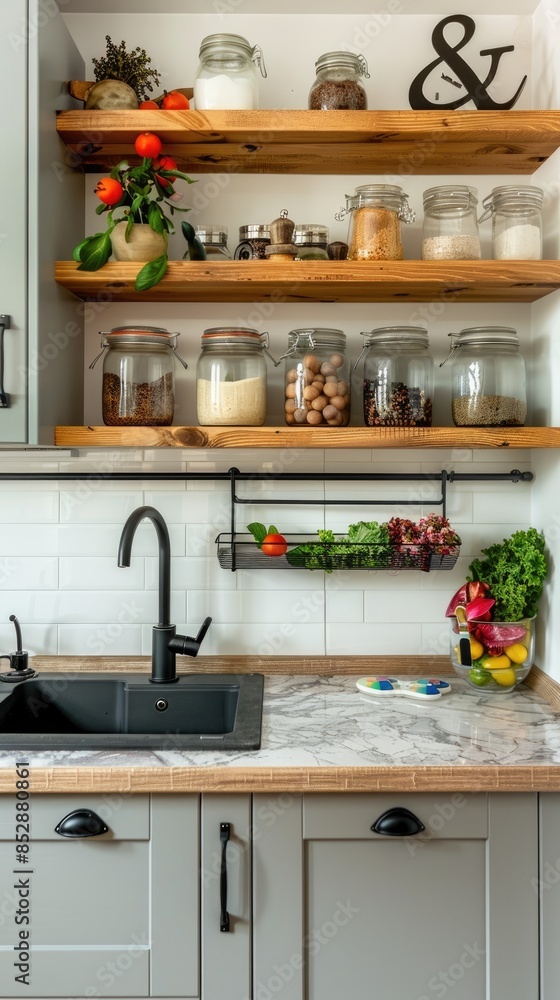 a modern kitchen interior featuring gray cabinets, a marble countertop, and a black sink, with a wall shelf decorated with jars of spices and decor accessories. a modern kitchen interior featuring gray cabinets, a marble countertop, and a black sink, with a wall shelf decorated with jars of spices and decor accessories.