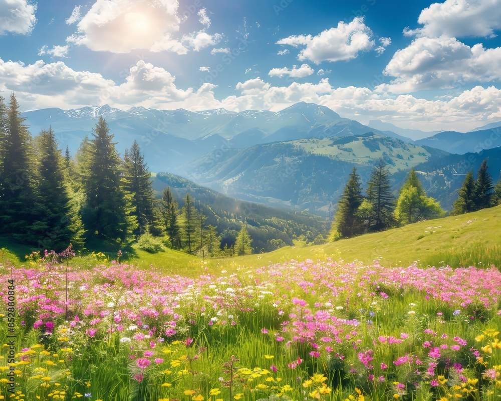 Sunny day in the alps idyllic mountain landscape with blooming meadows in spring Sunny day in the alps idyllic mountain landscape with blooming meadows in spring