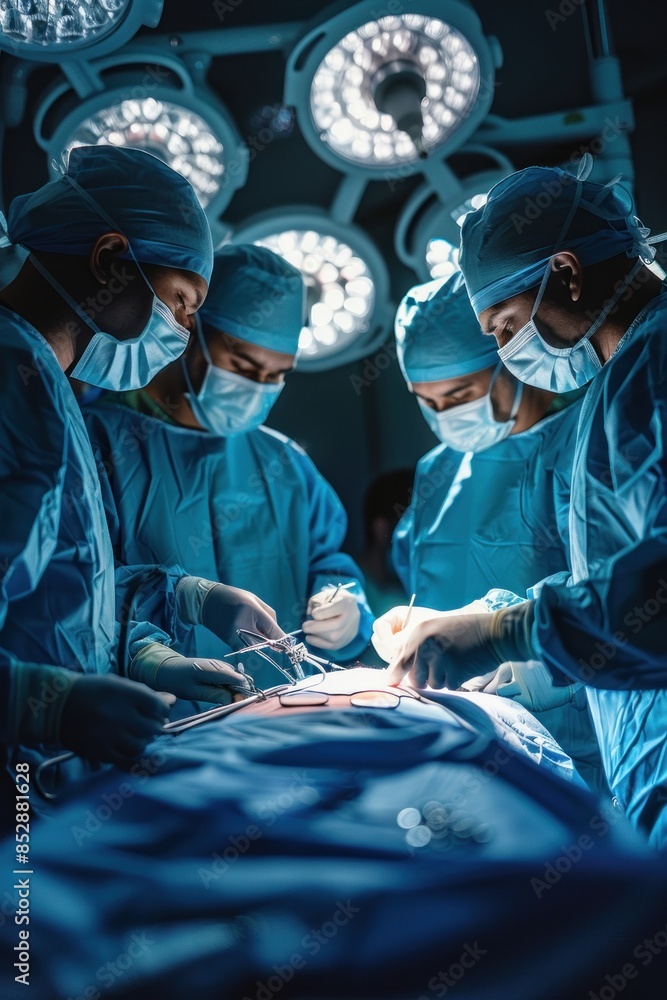 Photorealistic rear view of a surgical procedure in progress Photorealistic rear view of a surgical procedure in progress