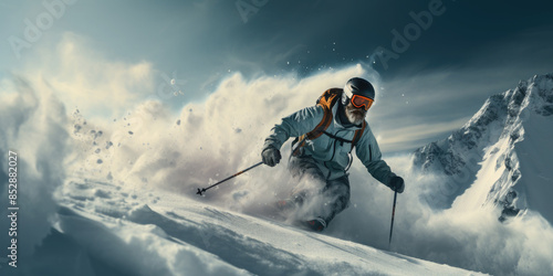 A skier conquers the breathtaking snowy mountain slopes of peaks. Heli sking photo
