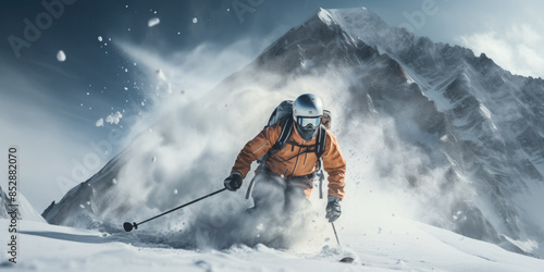 A skier conquers the breathtaking snowy mountain slopes of peaks. Heli sking photo