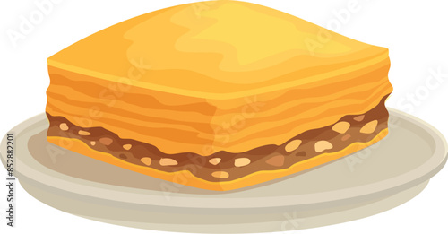 Delicious square baklava piece resting on a small plate, showcasing its crispy layers and sweet nut filling