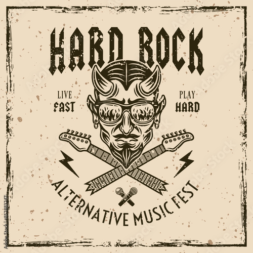 Hard rock vector emblem with devil in sunglasses that reflect flame and crossed broken guitar necks. Illustration in vintage style on grunge texture background
