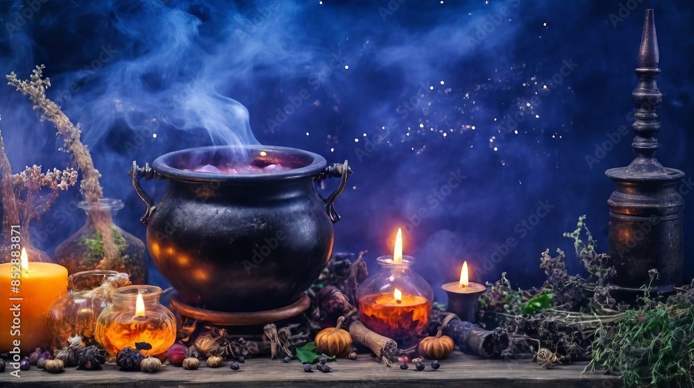 Magical Witch s cauldron with candles and herbs, emitting steam in a dark, mystical setting. Concept of witchcraft, Halloween, potion making, mystical ritual Magical Witch s cauldron with candles and herbs, emitting steam in a dark, mystical setting. Concept of witchcraft, Halloween, potion making, mystical ritual