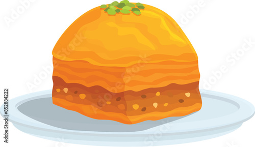 Baklava piece lying on plate, oriental sweet dessert made of layers of filo filled with chopped nuts and sweetened