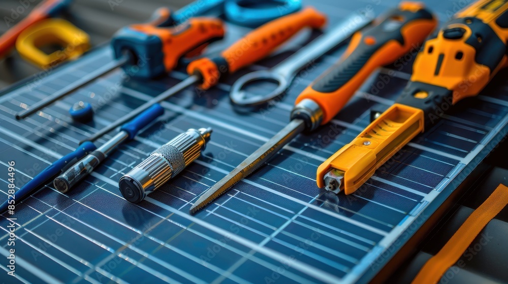 Fototapeta premium Maintenance tools organized for fieldwork on solar panels, outdoor repair theme, closeup view, illustrating readiness and efficiency, advanced tone, analogous color scheme