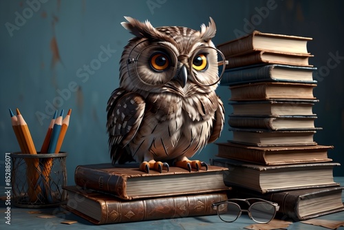 Wallpaper Mural cute owl in glasses with books Torontodigital.ca