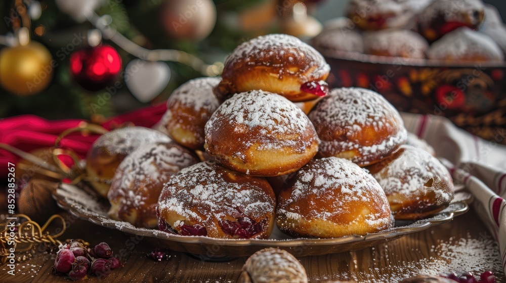 On Fat Thursday in Poland people indulge in the delicious tradition of savoring golden deep fried paczki decadently filled with sweet rose hip jam and dusted with powdered sugar This festiv On Fat Thursday in Poland people indulge in the delicious tradition of savoring golden deep fried paczki decadently filled with sweet rose hip jam and dusted with powdered sugar This festiv