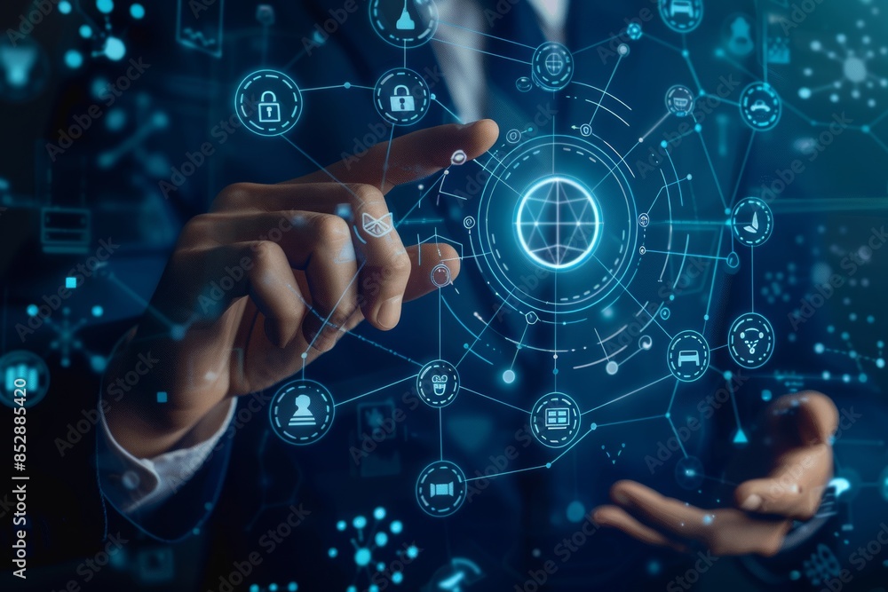 Businessman symbolizes global communication with digital network interaction for integrated business Businessman symbolizes global communication with digital network interaction for integrated business