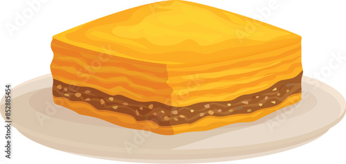 Square piece of baklava with pistachio filling sitting on white plate