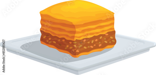 Delectable baklava, with its golden layers and rich filling, rests enticingly on a square plate, ready to satisfy any sweet craving