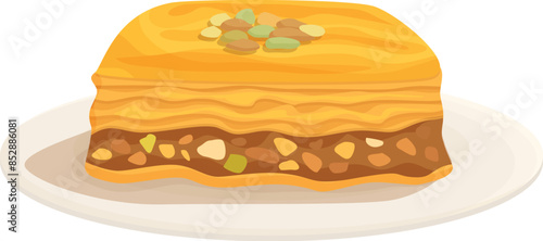 Appetizing baklava piece with pistachio on white plate is waiting for you