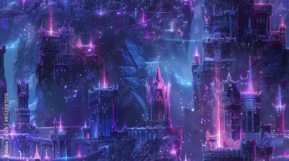 Fototapeta premium Enchanting Fairy Tale Castle Towers with Neon Glow and Mystical Shimmering Lights in Fantasy Renaissance Twilight Ambience