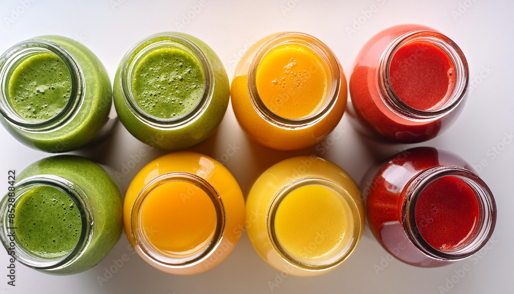 Glass bottles filled with green, yellow, orange and red smoothies. Delicious detox drink. Tasty juice. Glass bottles filled with green, yellow, orange and red smoothies. Delicious detox drink. Tasty juice.