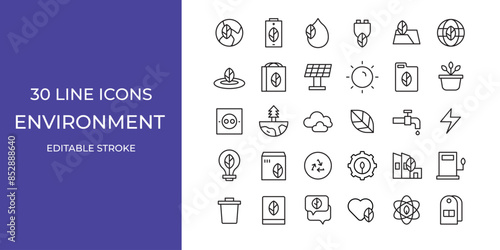 Environment icon illustration stock editable stroke. leaf, power, sun and more