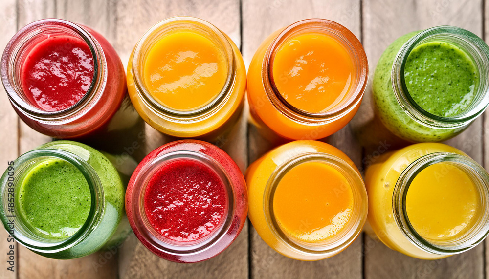 Glass bottles filled with green, yellow, orange and red smoothies. Delicious detox drink. Tasty juice. Glass bottles filled with green, yellow, orange and red smoothies. Delicious detox drink. Tasty juice.