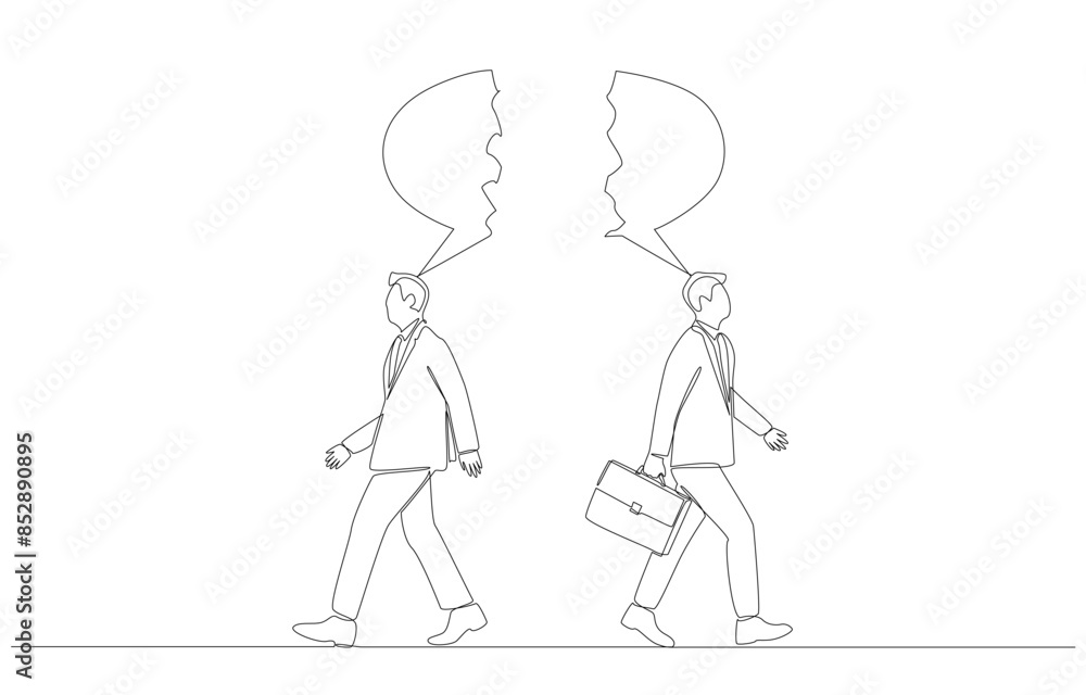 Continuous one line drawing of two businessmen with broken speech bubbles walking in opposite directions, business conflict and disagreement concept, single line art. Continuous one line drawing of two businessmen with broken speech bubbles walking in opposite directions, business conflict and disagreement concept, single line art.