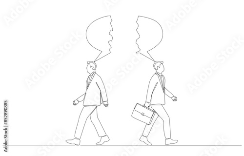 Continuous one line drawing of two businessmen with broken speech bubbles walking in opposite directions, business conflict and disagreement concept, single line art.