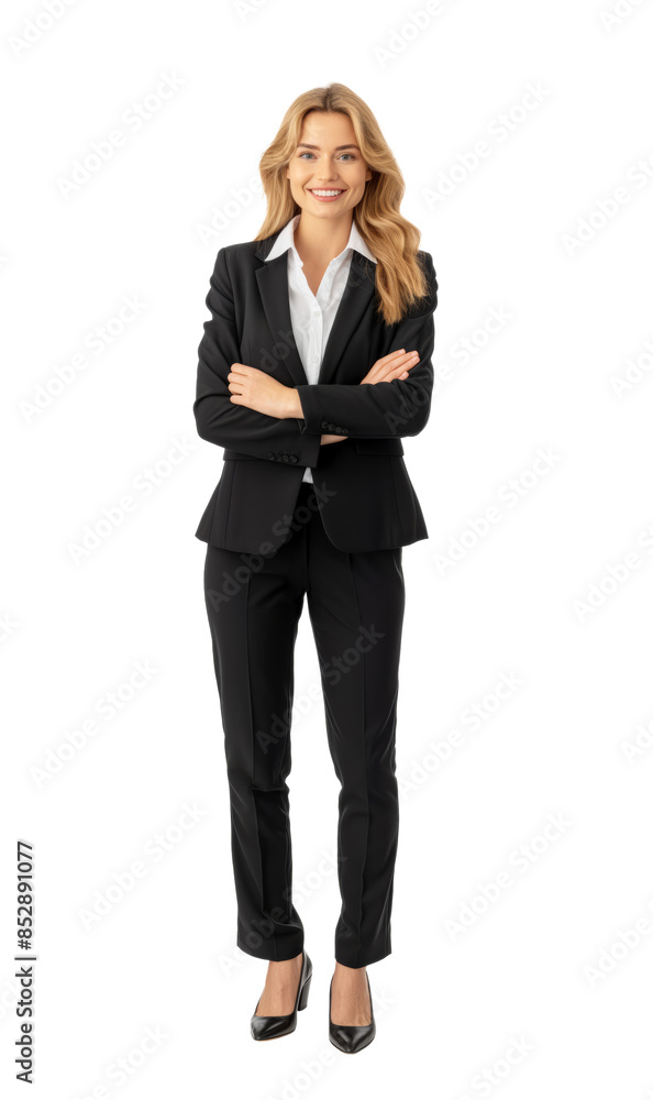 A smiling woman in a business suit standing with arms crossed, isolated on a white background, representing professionalism. Generative AI A smiling woman in a business suit standing with arms crossed, isolated on a white background, representing professionalism. Generative AI