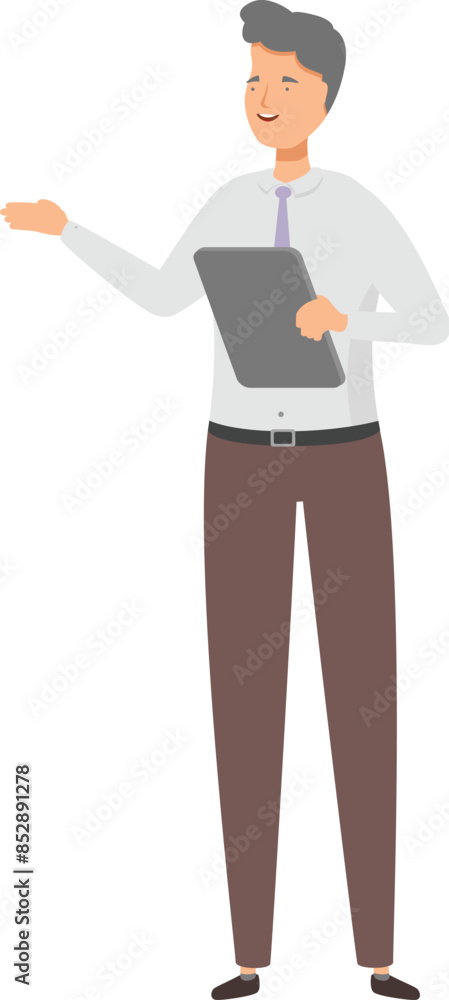 Businessman is standing and gesturing with one hand while holding a clipboard in the other Businessman is standing and gesturing with one hand while holding a clipboard in the other