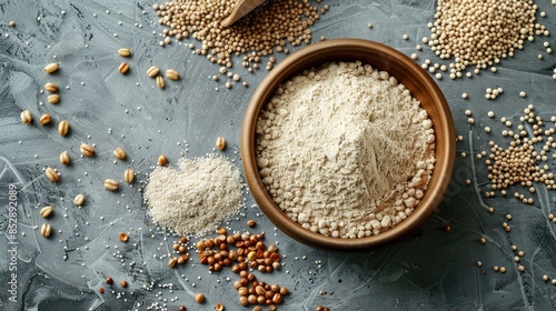 Bowl of buckwheat flour and grains arranged in a flat lay on a gray surface photo