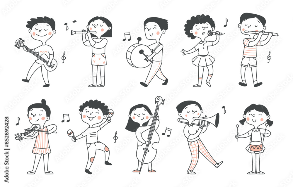 Isolated set of cute children playing different musical instruments. Sheet music, music. Kids design. Vector doodle illustration Isolated set of cute children playing different musical instruments. Sheet music, music. Kids design. Vector doodle illustration