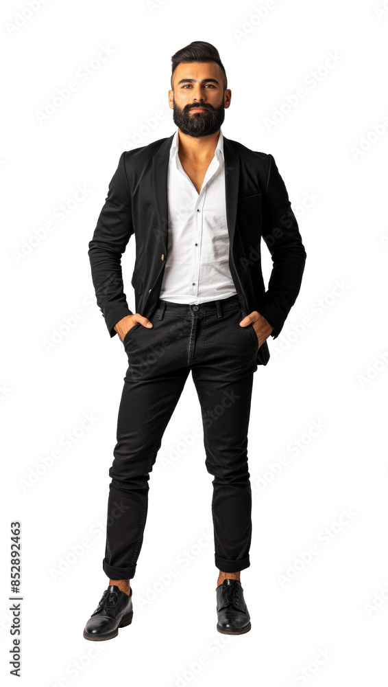 A man wearing a black suit and white shirt posing with hands in pockets against a white background. Generative AI A man wearing a black suit and white shirt posing with hands in pockets against a white background. Generative AI