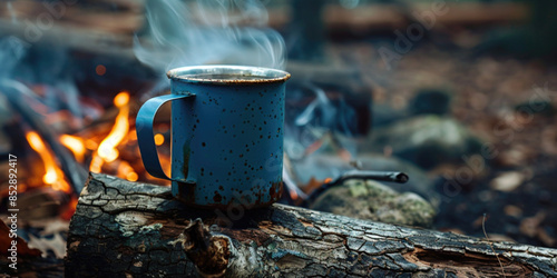Traveling in wild nature sustainable travel vacation time-spending trekking backpacking sleeping outside camping advert concept. A metal cup of steaming hot coffee drink with tent in forest 