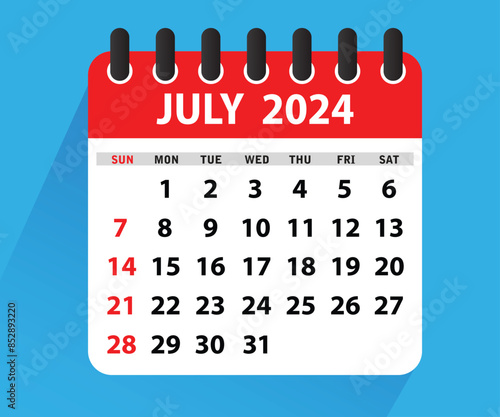 July 2024 Calendar Leaf. Calendar 2024 in flat style. July 2024 Calendar. Week starts on Sunday. Blank Calendar Template. Stationery Design. Vector Illustration