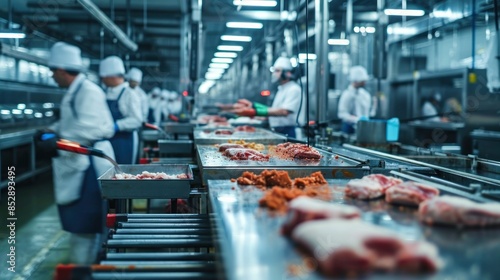 Wallpaper Mural Production line in the food factory.Factory for the production of food from meat.Industrial equipment at a meat factory.Automated production line in modern food factory.People working. Torontodigital.ca