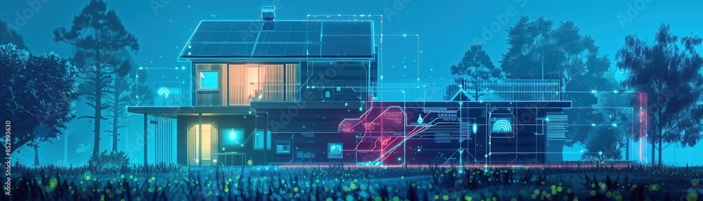 Power flow chart of a residential solar power system, home energy management theme, front view, showing energy flow and storage, cybernetic tone, analogous color scheme Power flow chart of a residential solar power system, home energy management theme, front view, showing energy flow and storage, cybernetic tone, analogous color scheme