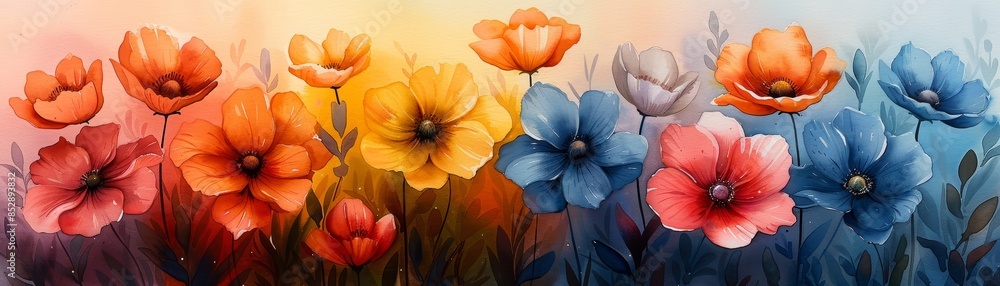 Fototapeta premium Colorful flower field with a soft, dreamy light.