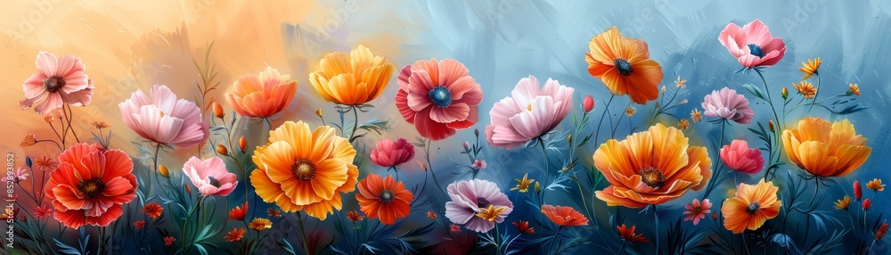 Colorful poppy flowers in a field with blurred background. Colorful poppy flowers in a field with blurred background.
