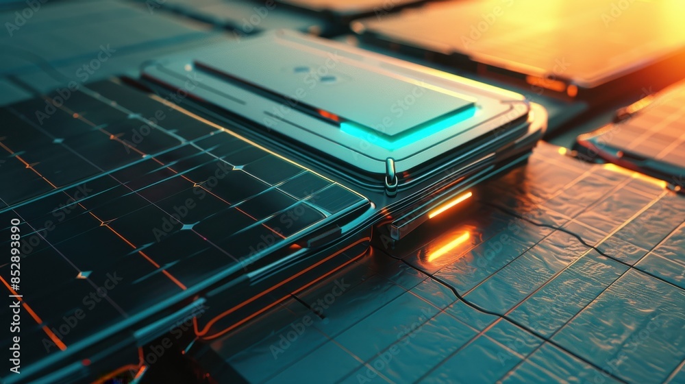 Portable battery connected to a solarpowered charging station, renewable energy theme, closeup view, emphasizing integrated energy solutions, futuristic tone, triadic color scheme Portable battery connected to a solarpowered charging station, renewable energy theme, closeup view, emphasizing integrated energy solutions, futuristic tone, triadic color scheme