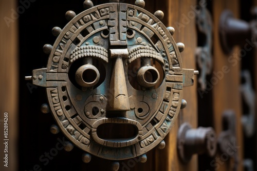 an ancient mayan mask on a wooden door