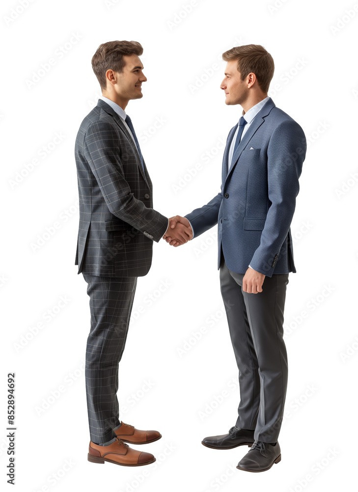 Two men in business attire shaking hands, displayed in a realistic style on a white background, concept of professional agreement. Generative AI Two men in business attire shaking hands, displayed in a realistic style on a white background, concept of professional agreement. Generative AI