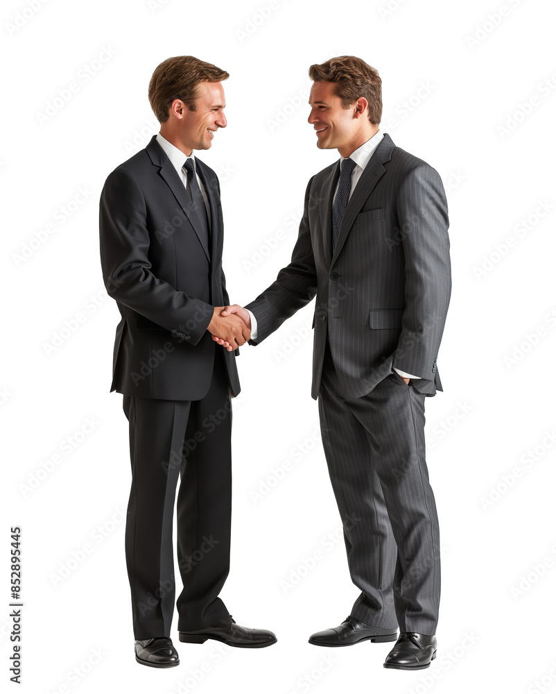 Two businessmen shaking hands, in suits, isolated on a white background, depicting a professional meeting. Generative AI Two businessmen shaking hands, in suits, isolated on a white background, depicting a professional meeting. Generative AI