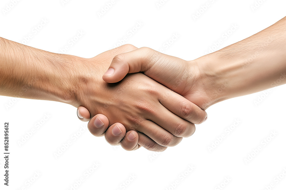 Two hands performing a handshake, close-up photo on a white background, symbolizing agreement or greeting. Generative AI Two hands performing a handshake, close-up photo on a white background, symbolizing agreement or greeting. Generative AI