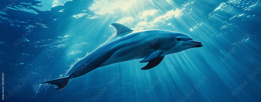 Fototapeta premium A dolphin swimming in the ocean. Underwater photography, high definition, ultra realistic in the style of unknown artist