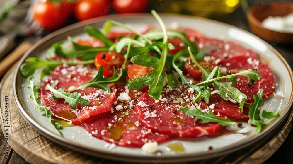 gourmet italian carpaccio dish with parmesan arugula tomatoes and olive oil raw beef appetizer concept gourmet italian carpaccio dish with parmesan arugula tomatoes and olive oil raw beef appetizer concept