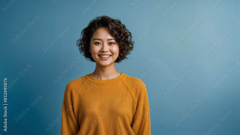 Donna di origini asiatiche con capelli corti e ricci sorridente indossa un maglione giallo in uno studio fotografico con sfondo azzurro Donna di origini asiatiche con capelli corti e ricci sorridente indossa un maglione giallo in uno studio fotografico con sfondo azzurro