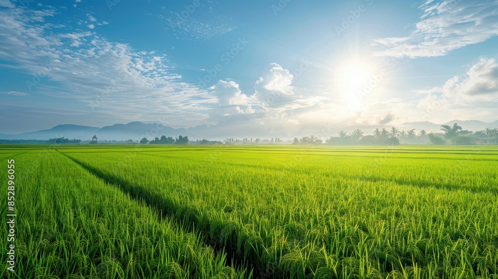 Obraz premium A lush green rice field under a bright sunny sky with distant mountains, depicting a serene and fertile agricultural scene.