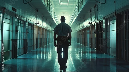 A prison guard walking down a dimly lit cellblock corridor, emphasizing security, law enforcement, and the prison system.