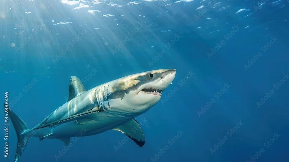 Fototapeta premium great white shark swimming in the depths of the blue ocean powerful marine predator underwater wildlife photography
