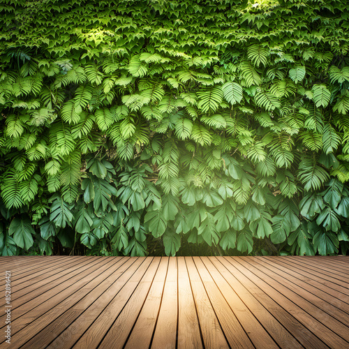 Parede de plantas naturais com chão de madeira vazio mockup  photo