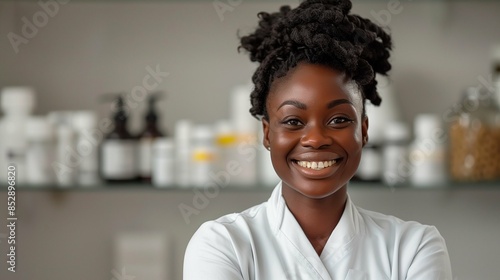 Friendly Female Pharmacist in White Lab Coat Smiling Confidently Against Minimalistic White Background, Highlighting Professionalism and Trust in Pharmaceutical Care