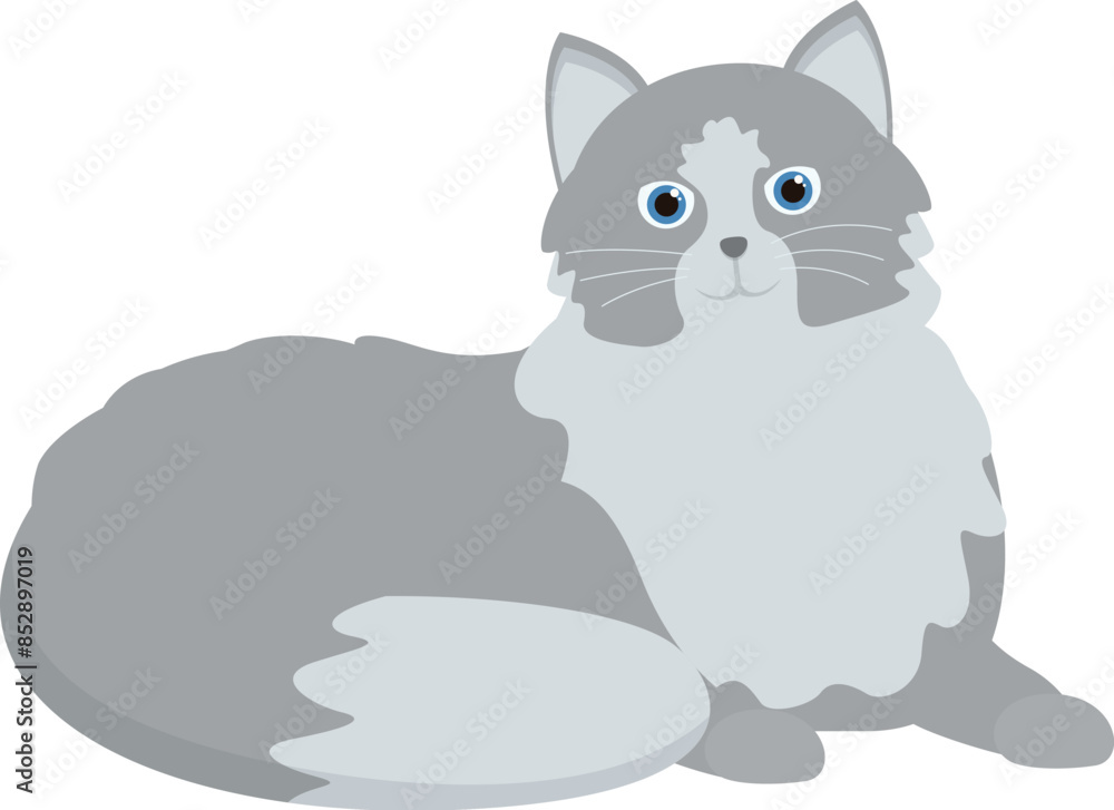 Obraz premium Cartoon grey cat with blue eyes and long hair relaxing on white background