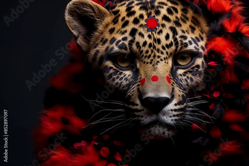 A cheetah wearing a red and orange outfit with a bow on its head. © Алла Морозова
