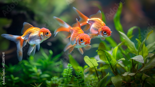 Three vibrant shubunkin goldfish swimming in a planted aquarium. Fish are brightly colored and have long, flowing fins photo